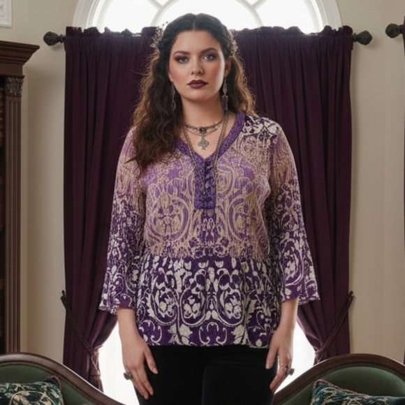 Dress Barn 1X Y2K Romantic Whimsigoth Fairy Grunge Boho Barocque Plisse Tunic - Picture 2 of 14